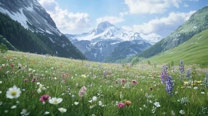 Lush mountain meadow with diverse wildflowers and snow-capped peaks in the distance