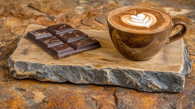 Latte art coffee with dark chocolate bar on rustic wood.
