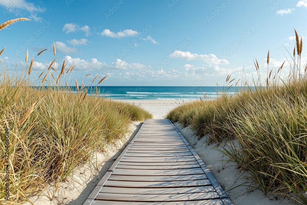 Poster scenic wooden pathway surrounded by tall grass leading to a serene beach and calm ocean under a brig