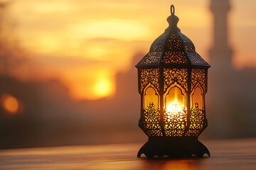 Illuminated Lantern at Sunset Peaceful Ramadan Scene