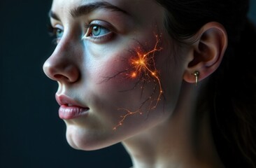 a young woman with painted vessels on her face, nervous system, abstraction and imagination.