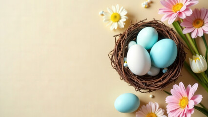 Easter happiness concept. Top view flat lay of painted eggs, fresh tulips, cute easter bunnies on beige background with marketing space