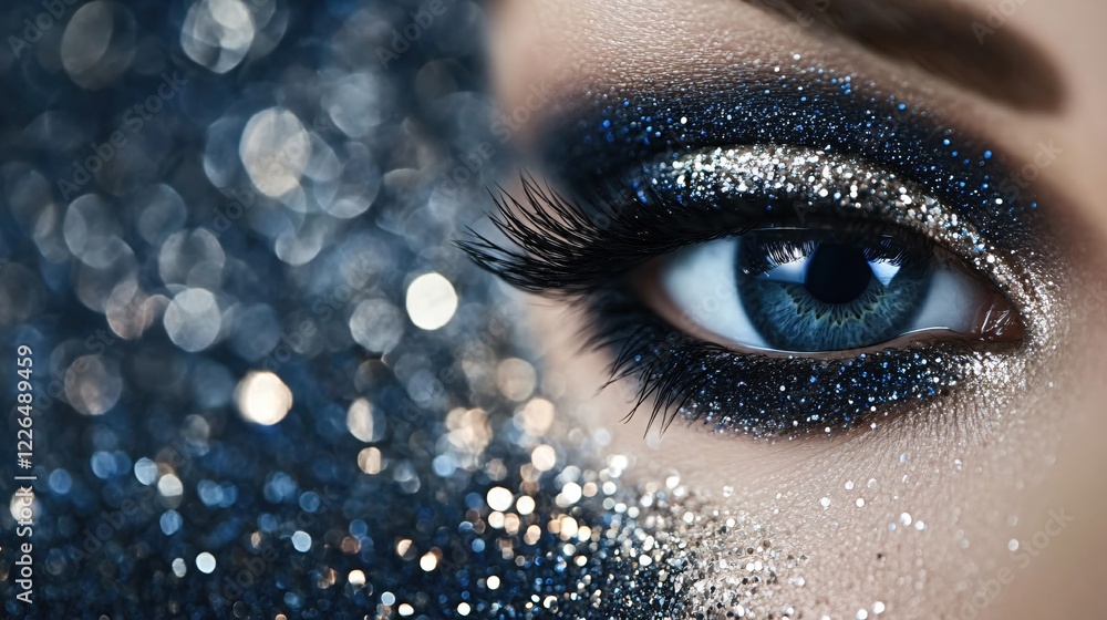 Poster close up of an eye with glitter makeup and a bokeh background creating a festive mood