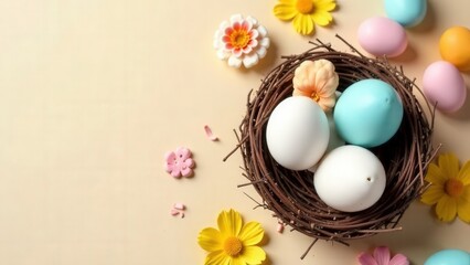 Easter happiness concept. Top view flat lay of painted eggs, fresh tulips, cute easter bunnies on beige background with marketing space