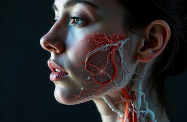 a young woman with painted vessels on her face, nervous system, abstraction and imagination.