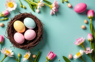 Easter pastel background with eggs, a nest and a gift on a blue background. The concept of a Happy Easter. Top view, copy space.