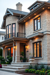 Obraz premium Luxury House Exterior at Night: Modern Stone Facade and Landscape Design