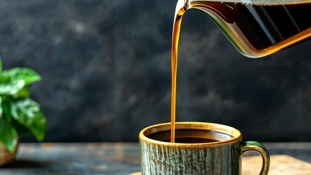 Freshly brewed coffee being poured into a rustic cup with a dark background and green plant nearby
