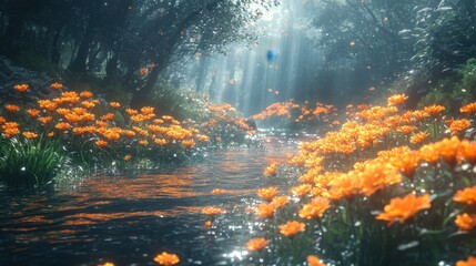 Obraz premium Glowing marigold flowers in a mystical, moonlit garden