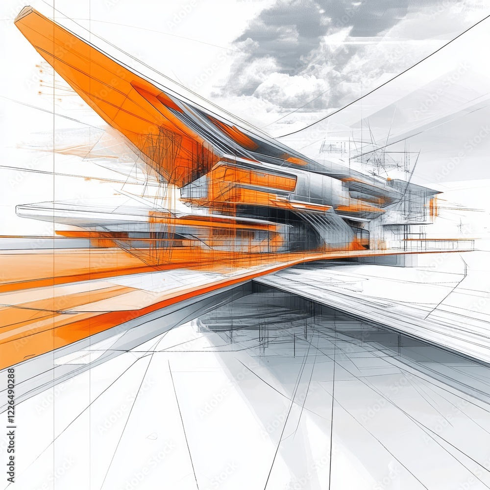 Poster abstract architectural rendering of a futuristic building with orange accents.