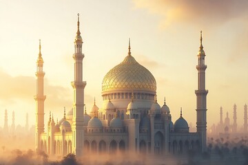 Majestic Mosque at Sunrise Golden Domes and Minarets