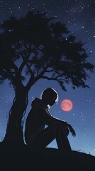 Obraz premium Anime Silhouette Night Sky Stars Contemplation Wallpaper Art