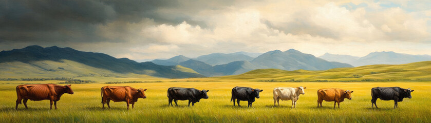 A serene pastoral scene featuring a line of cows grazing in a lush, green field with mountains in the background under a cloudy sky.