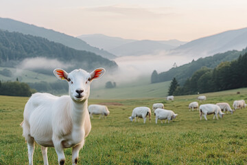 Obraz premium A serene landscape features a sheep in the foreground, surrounded by meadows and misty mountains at dawn.