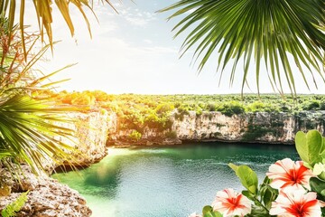 A dreamlike desert oasis featuring glowing turquoise water, lush palm trees, and vibrant summer flowers, creating a striking contrast against the arid landscape.  .