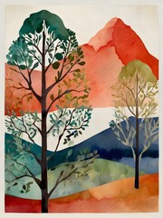 Vibrant, abstract landscape features towering trees in the foreground with a range of colorful, overlapping mountains in the background. The use of warm and cool hues creates a sense of depth 