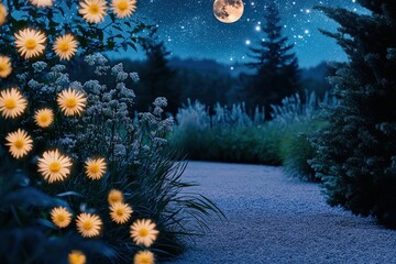 A surreal garden filled with oversized summer flowers glowing softly in the moonlight, creating a dreamlike and enchanting nighttime atmosphere.  .