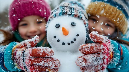 Children building a snowman together, their gloves dusted with snow, a carrot nose and button eyes completing their masterpiece