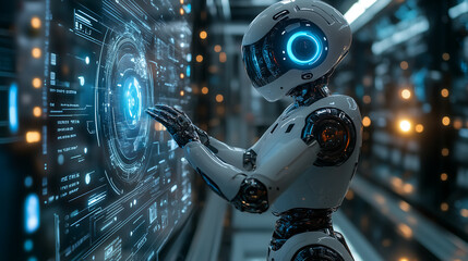 Fototapeta premium A futuristic digital robot with a sleek, featuring a polished metal surface and glowing golden LED lights, displaying advanced digital elements, artificial intelligence, and cutting-edge technology.