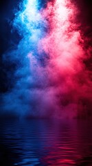 Blue and red smoke with water reflection creates a dramatic and mysterious scene