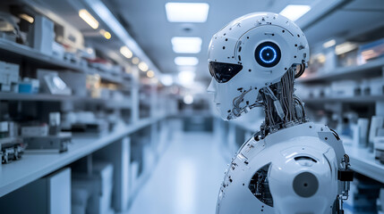 Fototapeta premium A futuristic digital robot with a sleek, featuring a polished metal surface and glowing golden LED lights, displaying advanced digital elements, artificial intelligence, and cutting-edge technology.