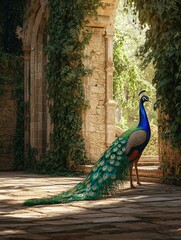 Peacock garden archway sunlight ancient stone