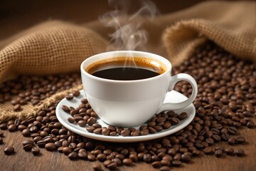 Fototapeta premium A steaming white cup of coffee placed among scattered coffee beans on a rustic wooden surface with burlap in the background. Coffee concept. Ai generative