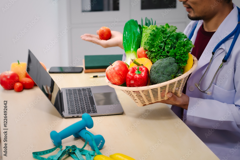 Wall mural A male nutritionist sitting at a table, advising on healthy diets, promoting vegetable-based meals, supplements, weight loss, and meal planning to improve overall health and well-being