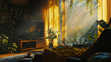 Cozy Sunlit Living Room with Indoor Plants, Wooden Furniture, and Warm Natural Light Atmosphere