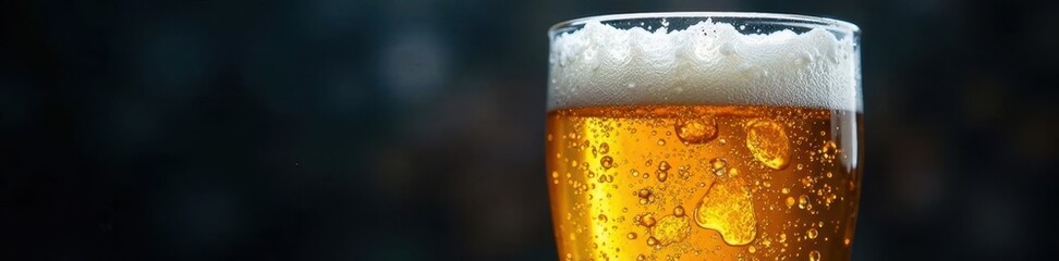 Icy condensation on a frosted pint glass of beer, dark background, thirsty, evening, golden