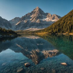 Majestic mountains with a crystal-clear lake reflecting their peaks.