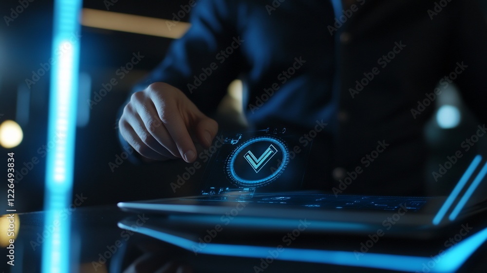 Poster person interacting with a digital interface with a glowing checkmark on a screen