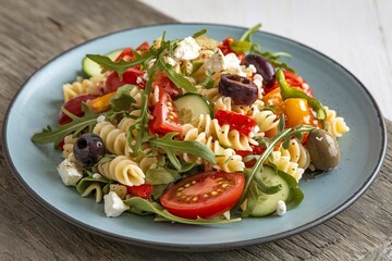 A photo of a plate of pasta salad with a variety of ingredients