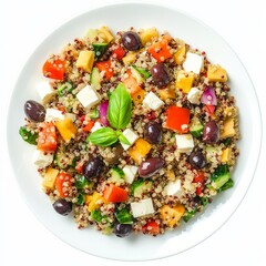 A colorful plate of Mediterranean quinoa salad with olives and feta, isolated white background, abstract art style