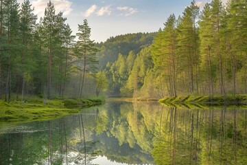 A photo of a serene nature landscape with a green forest of pine trees