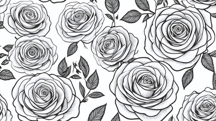 Abstract rose doodle seamless pattern. Elegant roses contour drawing background in black and white colors. Vector floral illustration for wedding, birthday greeting cards, invitations, Valentine's Day
