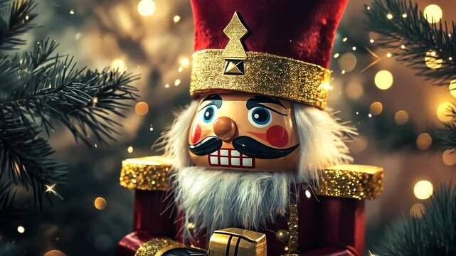Festive nutcracker figure among twinkling lights and evergreen branches during the holiday season