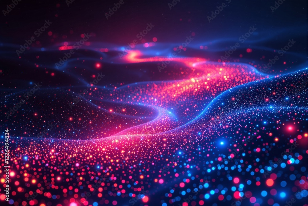 Poster abstract glowing particles form dynamic waves in vivid blue and pink hues, creating a futuristic, co