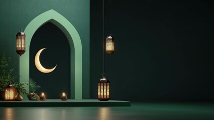 Ramadan lanterns crescent moon archway backdrop