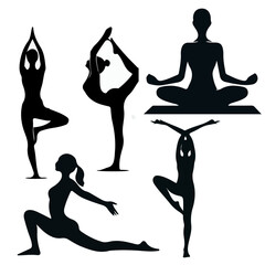 set silhouettes of yoga poses, yoga icons on a white background