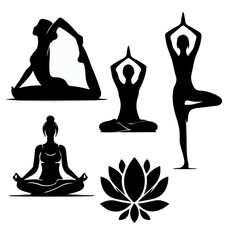 set silhouettes of yoga poses, yoga icons on a white background