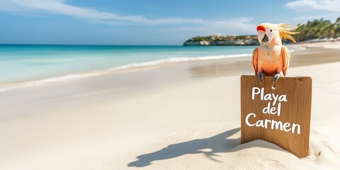 A vibrant parrot perched on a rustic wooden sign with "Playa del Carmen" text, set against a stunning tropical beach backdrop with turquoise waters, white sand, and palm trees.  .