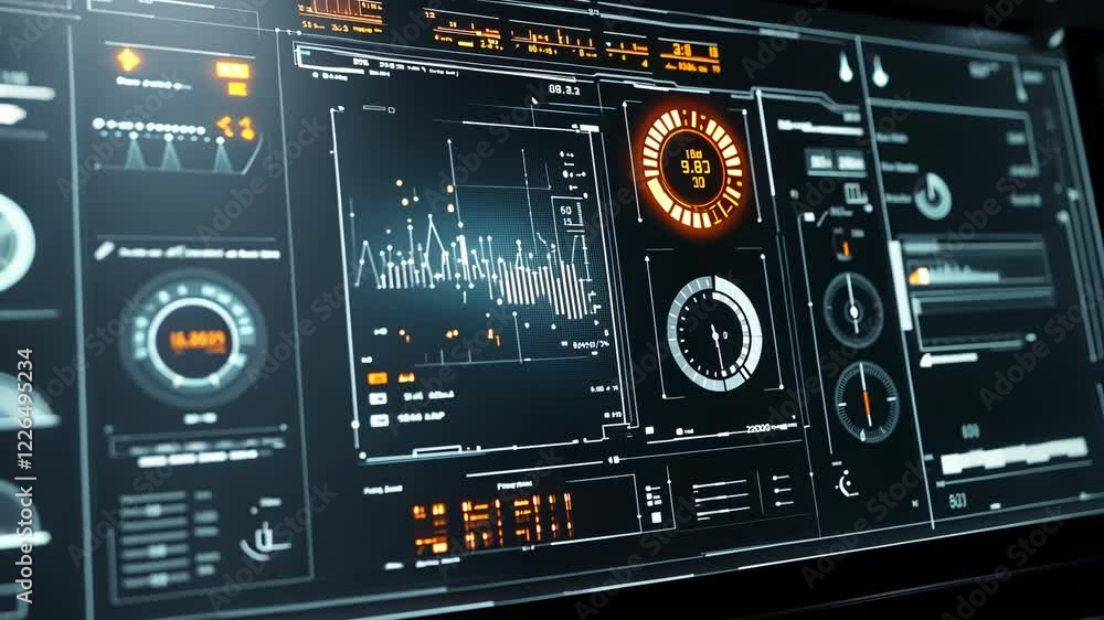 Poster futuristic control panel displaying manufacturing data, statistics, and performance indicators, util
