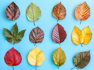 Fototapeta premium Twelve autumn leaves in various colors arranged on a light blue background flat lay style