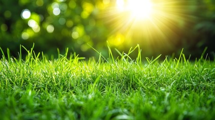 Obraz premium A fresh green grass foreground with sunshine and blurred bokeh in the background. Ideal for nature, wellness, or eco-friendly concepts.