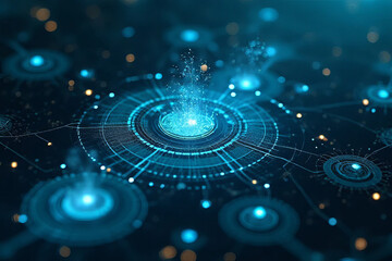 Futuristic digital interface with glowing blue elements and data visualization