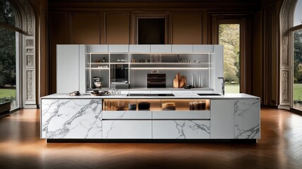 Modern white marble kitchen island with integrated appliances in a luxurious setting.