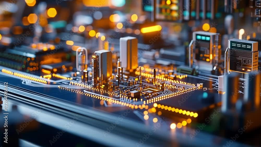 Poster complex electronic components and glowing pathways illuminate a futuristic circuit board, creating a
