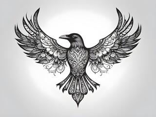 Obraz premium A beautifully detailed raven with outstretched wings showcases intricate patterns and designs across its body. The monochromatic design emphasizes ornate feathers and elegant symmetry.