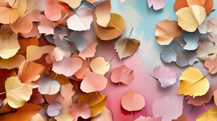 vibrant arrangement of autumn leaves in warm tones of orange, pink, and yellow, scattered on pastel gradient background, creating crisp and bold seasonal texture